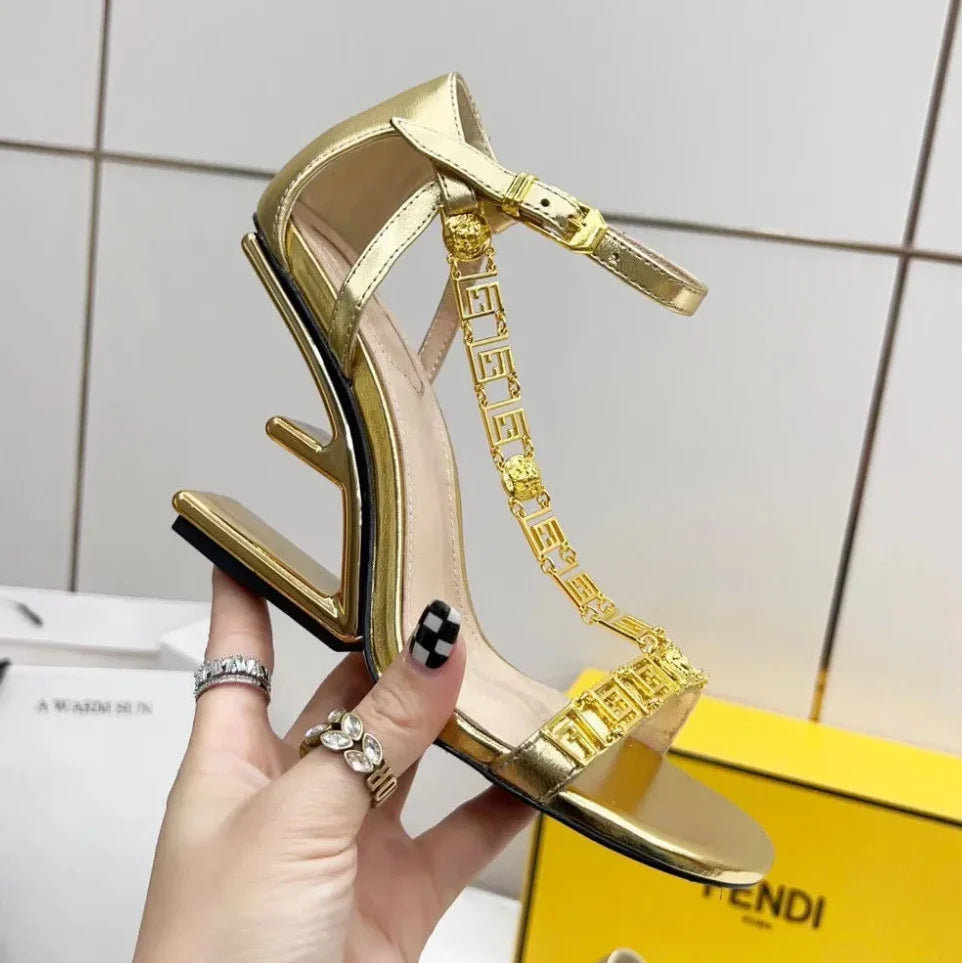 Gold Metallic Diagonal F-Shaped Heel Sandals 1025042325