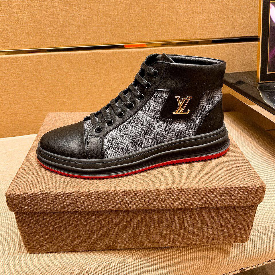 Men's black  Leisure printed leather casual mid-top shoes