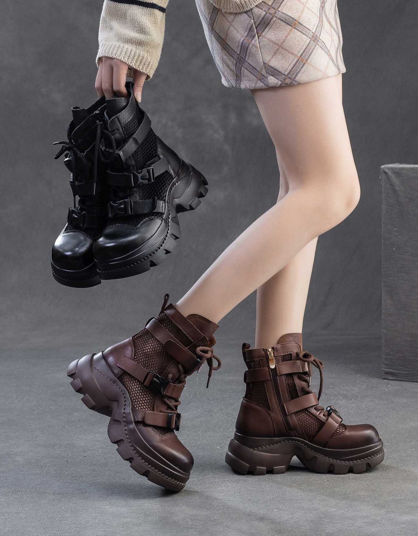 Buckle Front Retro Mesh Platform Sandals Boots