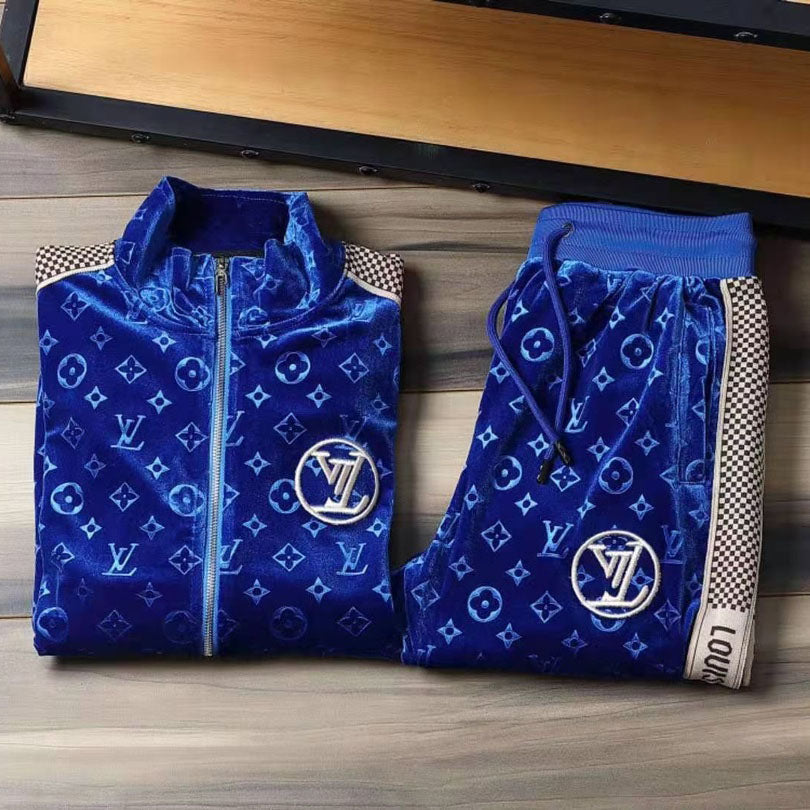 V Blue Embroidered Velvet Suit LXYMC23021504