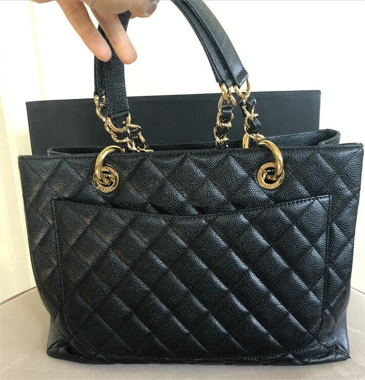 Authentic Cl CC BlackGold Caviar Quilted Grand Shopping Tote 0424031803