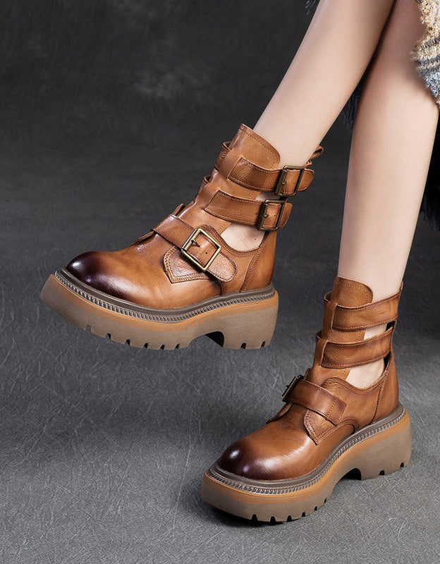 Real Leather Buckles Design Cut-out Martin Boots Sandals