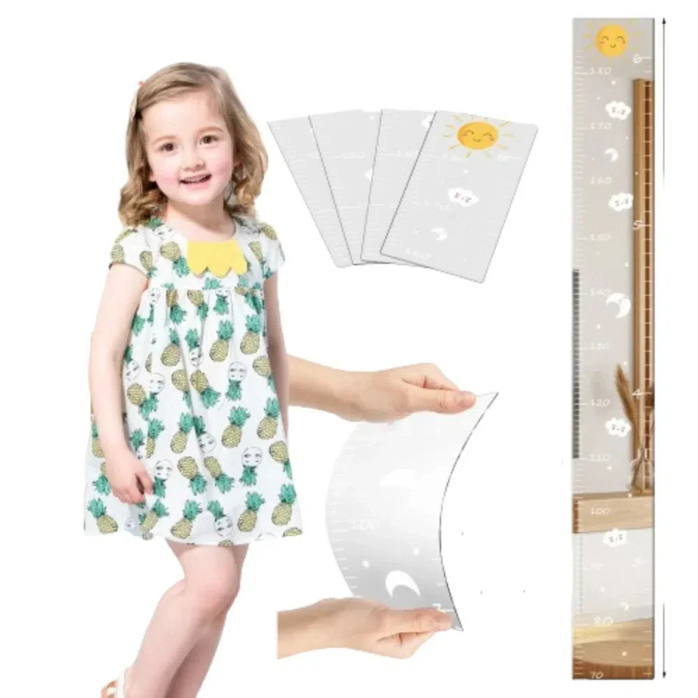 Acrylic Puzzle Mirror Growth Chart Shatterproof Foldable Kids Height Mirror Ruler with Cartoon Sticker Measuring Tape