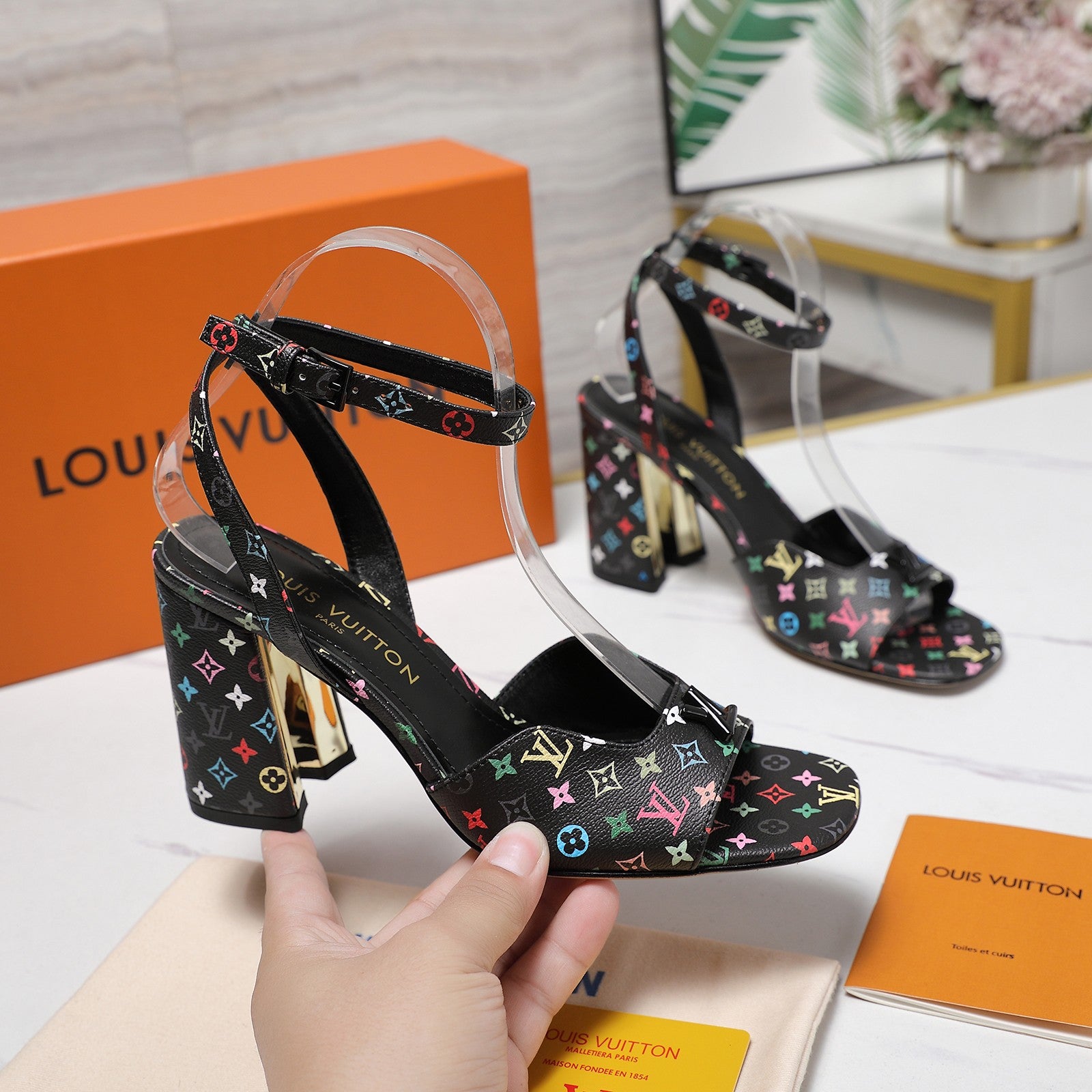 Lvv colorful printed high-heeled sandals 0725102304