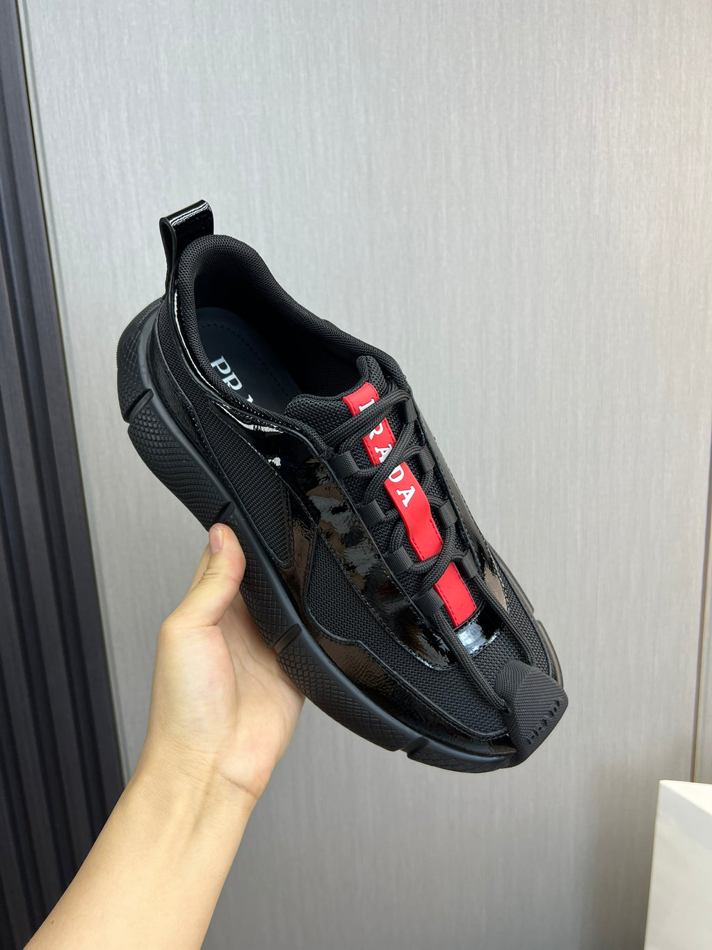 PR patent leather and mesh lace-up sneakers 0724111901