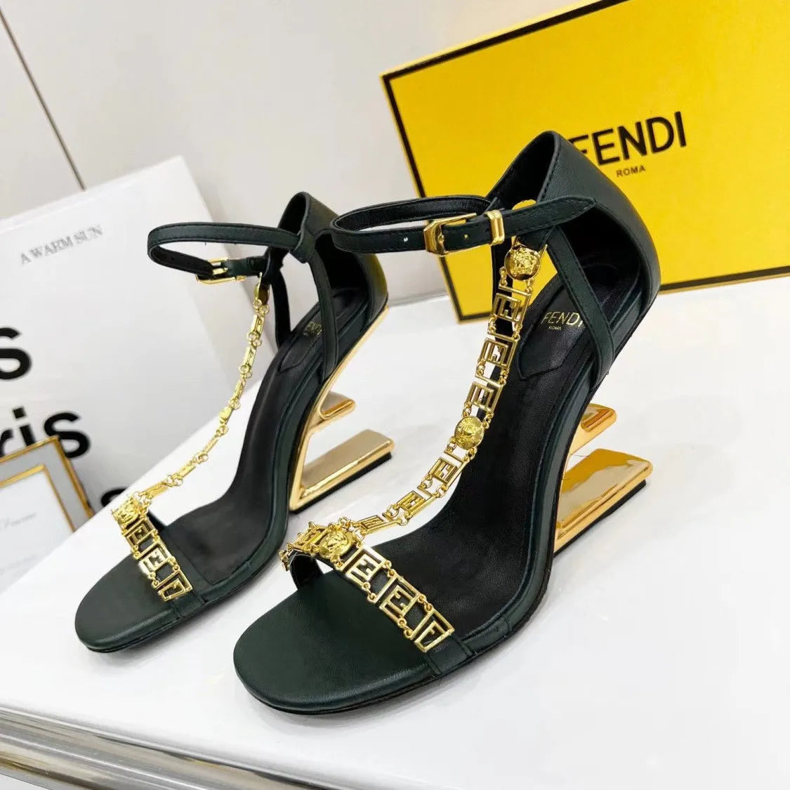 Gold Metallic Diagonal F-Shaped Heel Sandals 1025042325