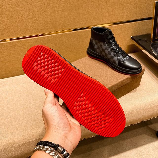 Men's black  Leisure printed leather casual mid-top shoes