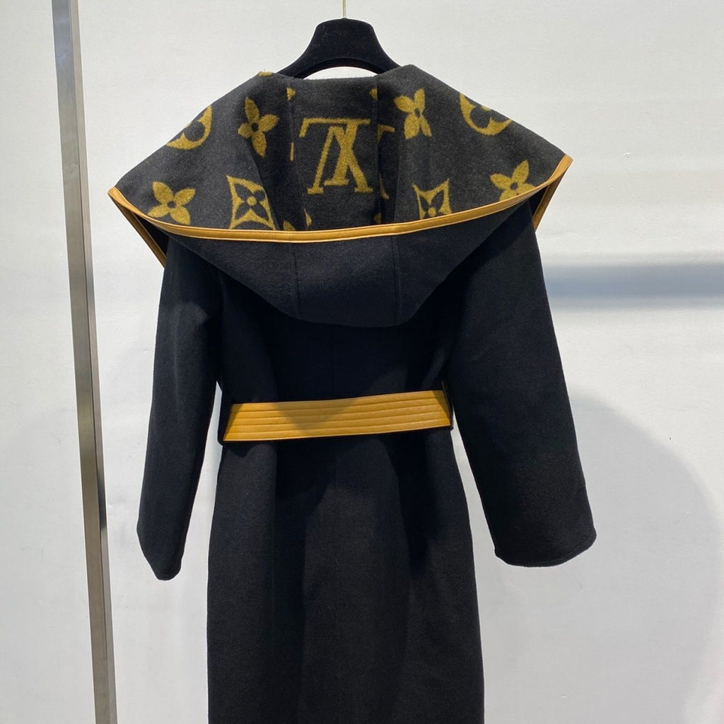 New autumn and winter woolen coat women's belt waist slimming hooded trench coat print coat women