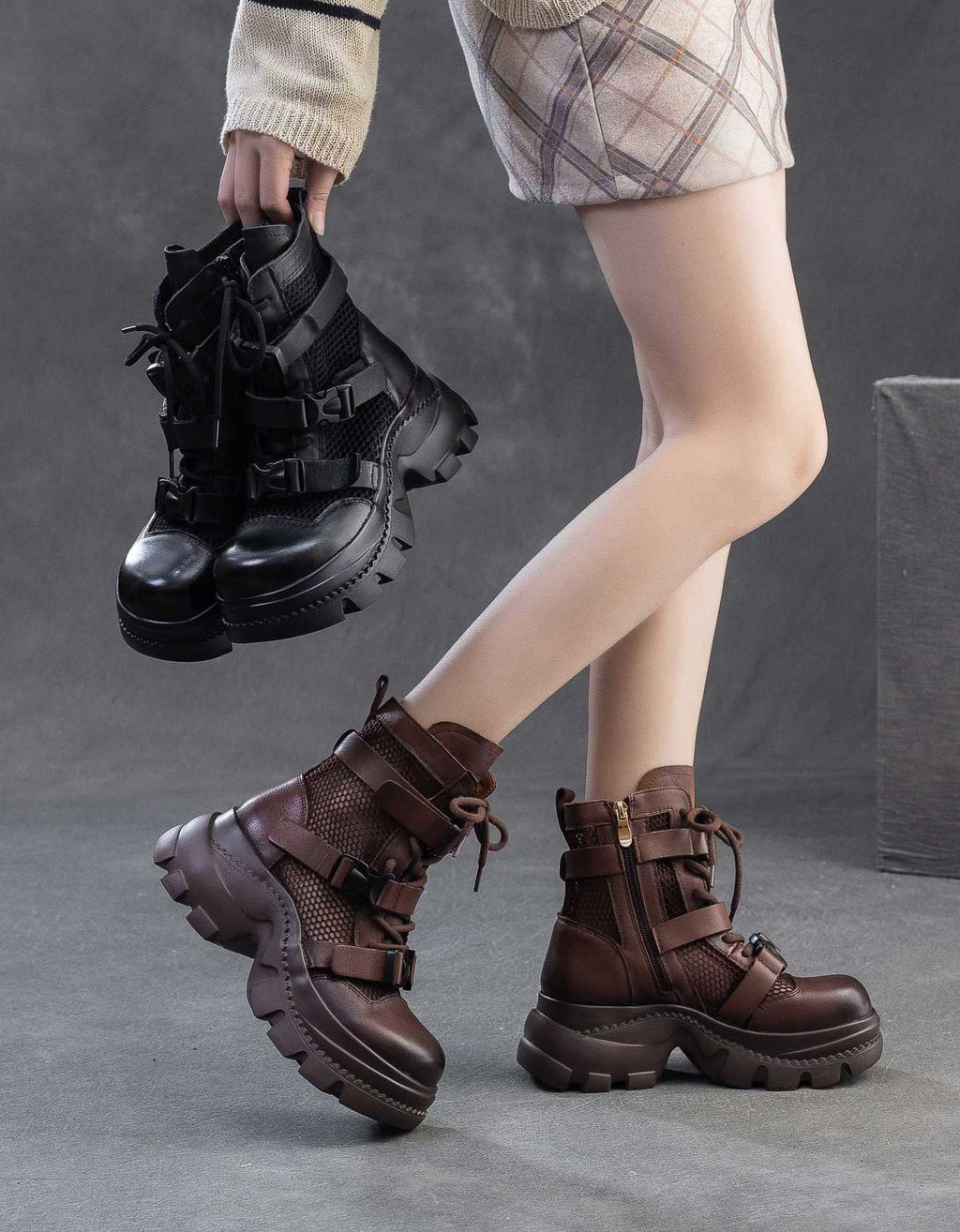 Buckle Front Retro Mesh Platform Sandals Boots