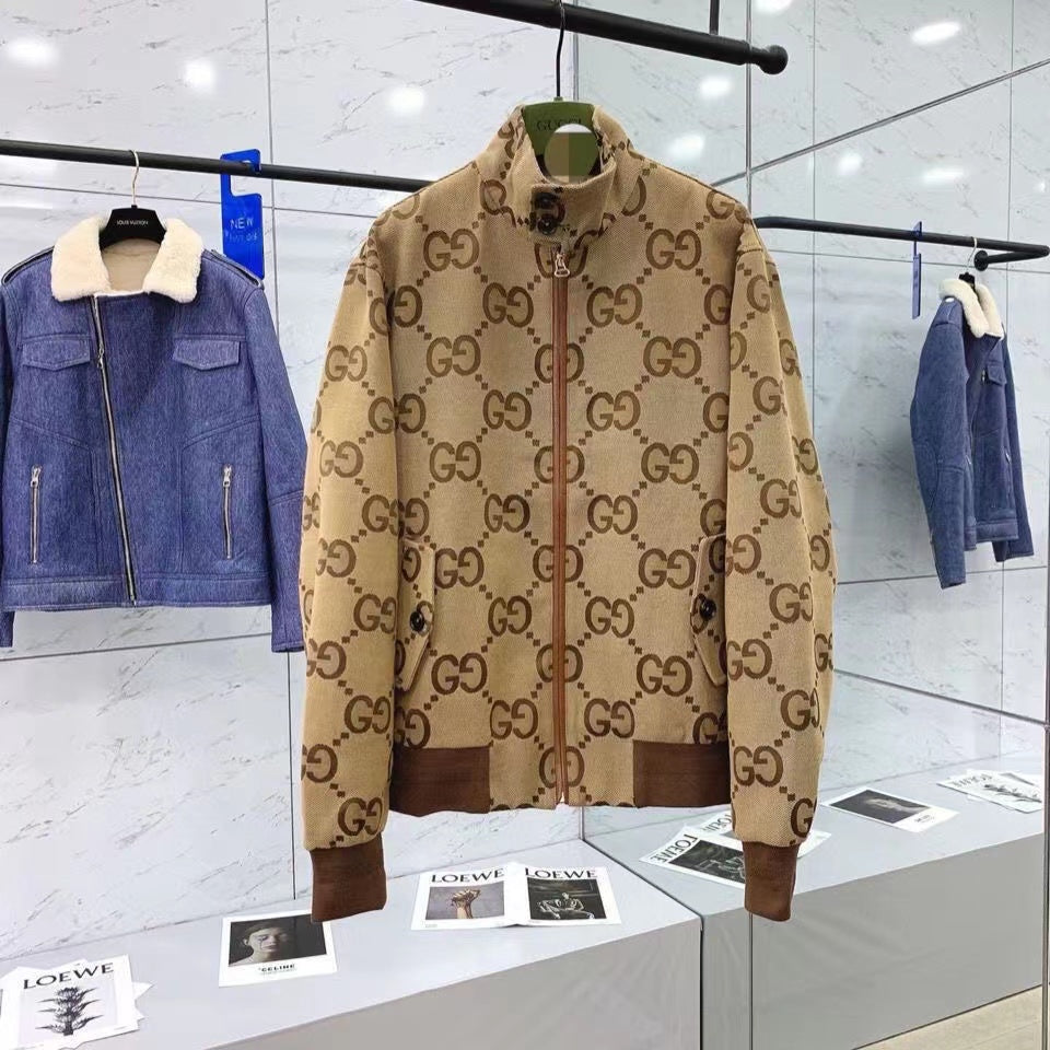 Casual brown letter-printed coat fashion collar zipper design