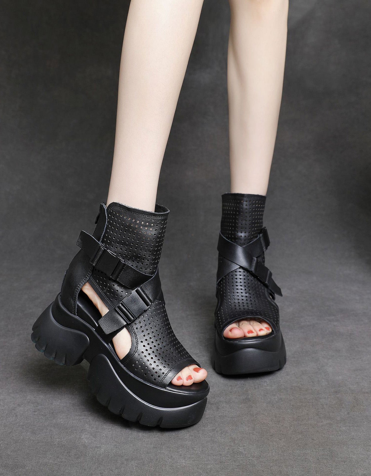 Hollow Leather Strap Open Toe Platform Sandals