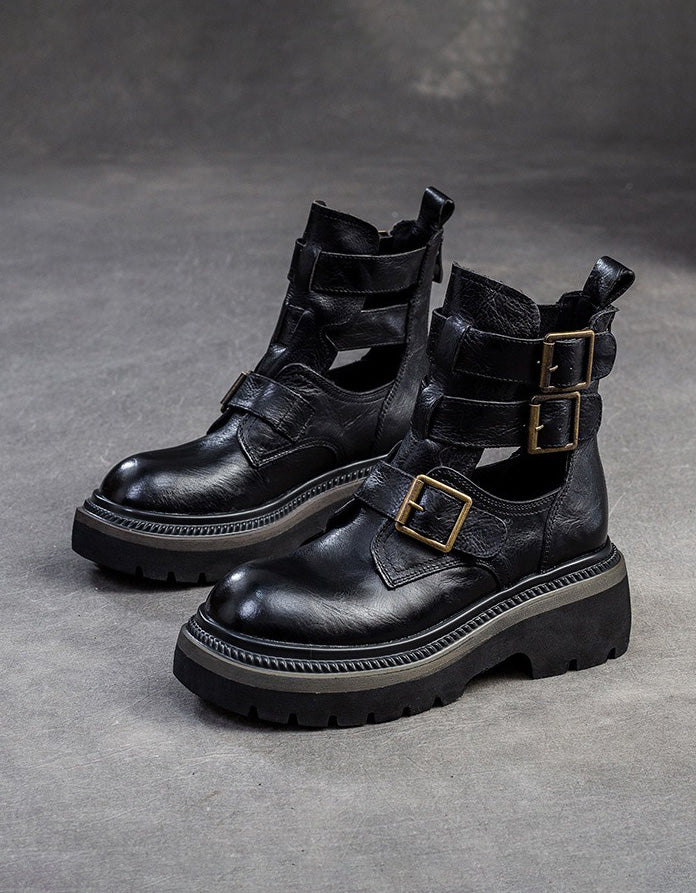 Real Leather Buckles Design Cut-out Martin Boots Sandals