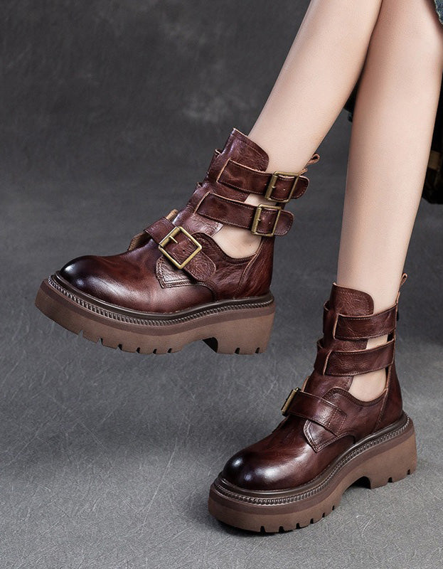 Real Leather Buckles Design Cut-out Martin Boots Sandals