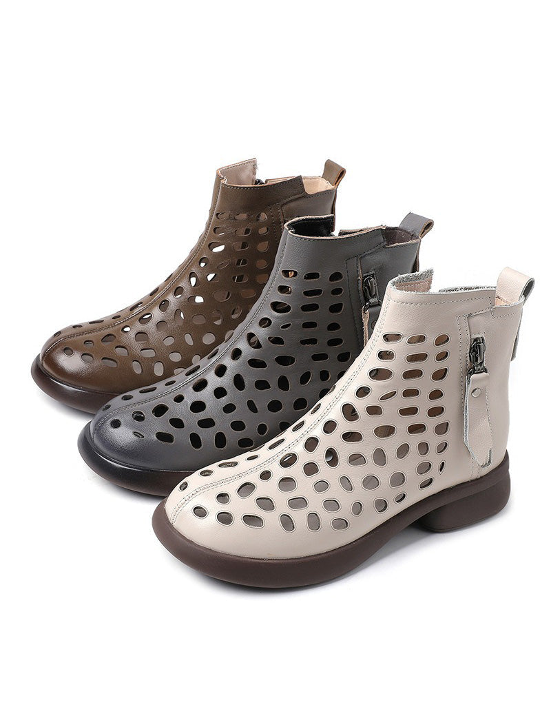 Round Toe Leather Hollow Summer Sandals Boots 35-43