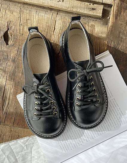 Round Toe Thick Lace Up Retro Leather Shoes