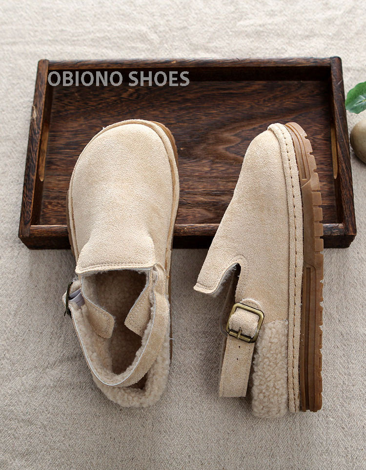 Round Toe Suede Flat Shoes Slingback with Fur