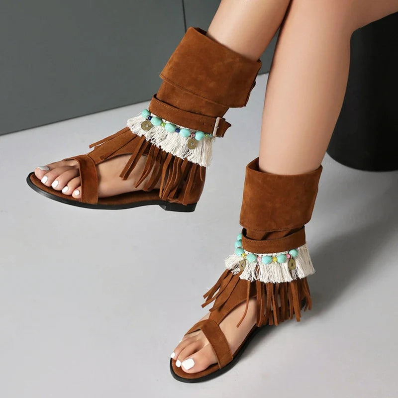 SIMLOVEYO Women's Sandals Fluffy Summer Boots Tassles Flat Shoes Bohemian