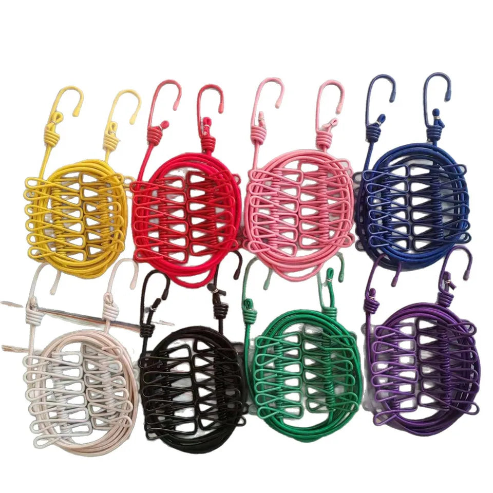 Portable outdoor clothesline traveler household 12 clips windproof clothesline color drying elastic rope
