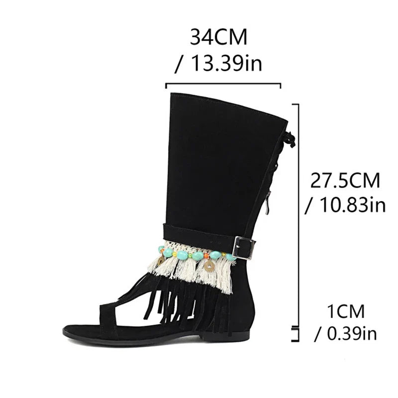 SIMLOVEYO Women's Sandals Fluffy Summer Boots Tassles Flat Shoes Bohemian