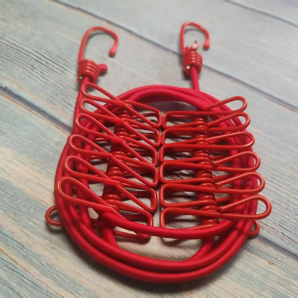 Portable outdoor clothesline traveler household 12 clips windproof clothesline color drying elastic rope