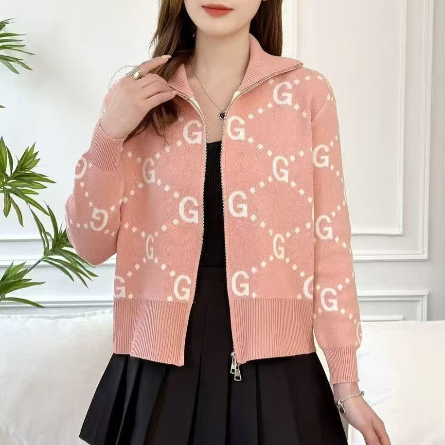 Stand-Up Collar Jacquard Letter G Knit Sweater 1025090302