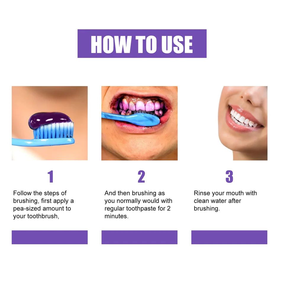 Remove yellow tooth stains, unpleasant odor, fresh mouth, fresh breath, purple toothpaste