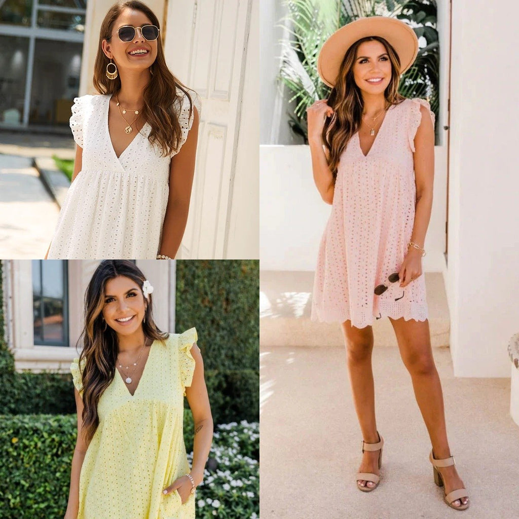 💖summer V-neck short-sleeved hollow lace dress👗