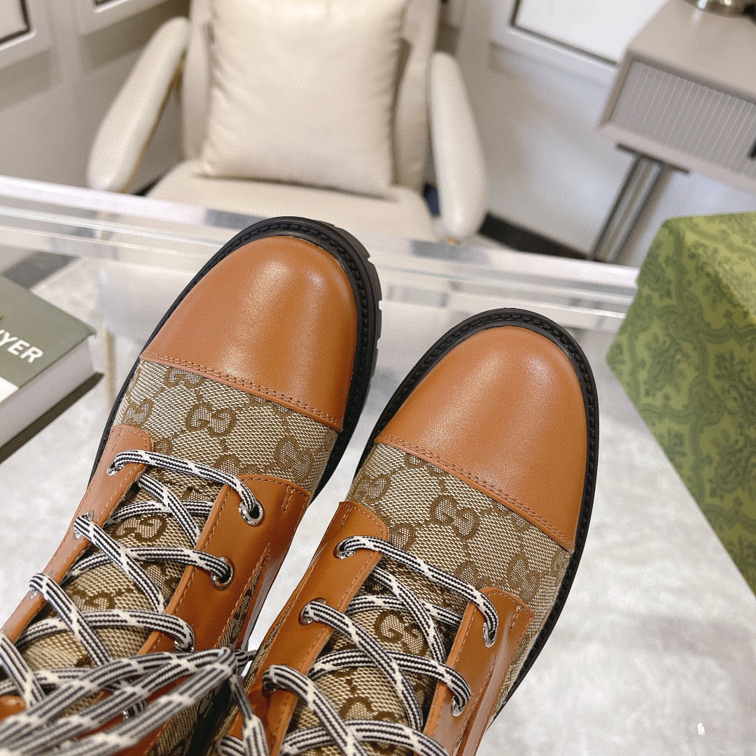 GG Jacquard canvas lace-up nude boots 0725102401